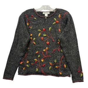 Vintage Arriviste Women's Embroidered Sweater‎ Floral Gray Retro Autumn Fall M